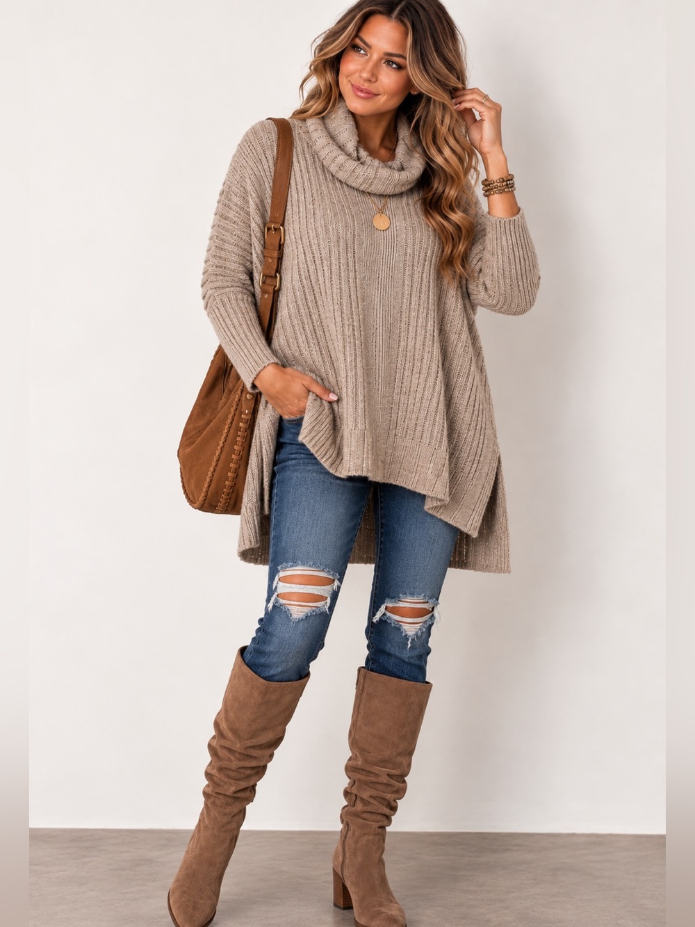 Umgee Ribbed Cowl Neck Oversized Sweater Women’s Boho High Low Tunic Top